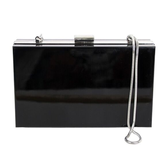 Rachel Zoe BLACK PLASTIC REMOVABLE SILVER CHAIN X-BODY CLUTCH HANDBAG PURSE - Picture 1 of 13